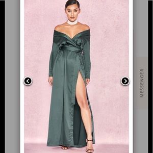 Evergreen Satin off the shoulder maxi wrap dress